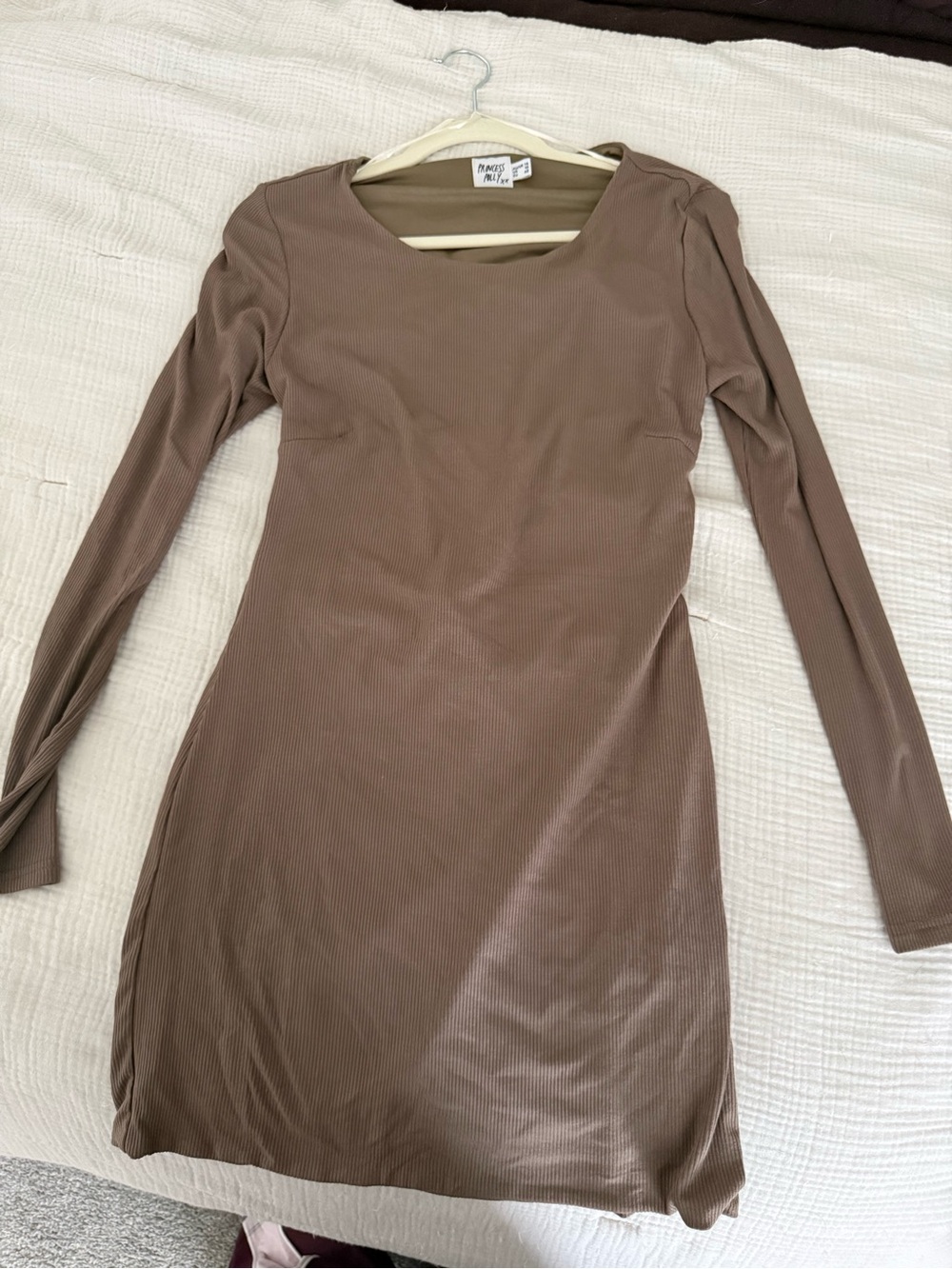 Princess Polly Ribbed Long Sleeve Scoop Dress in Taupe